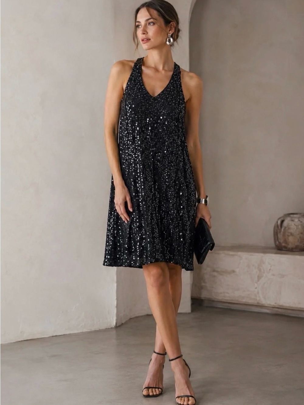 Eileen Fisher 100% Silk Sequin Racerback Shift Dress Black